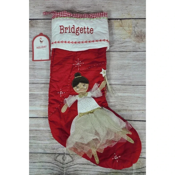 Pottery Barn Kids Quilted Fairy Christmas Stocking Red White Bridgette Monogram - Picture 1 of 4